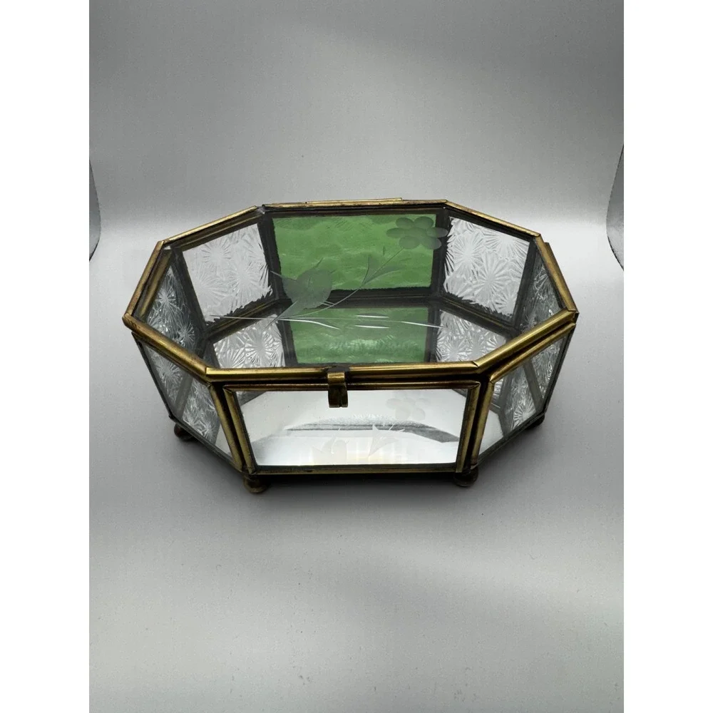 1980's Octagonal Glass Jewelry Box with‎ brass tone frame Etched